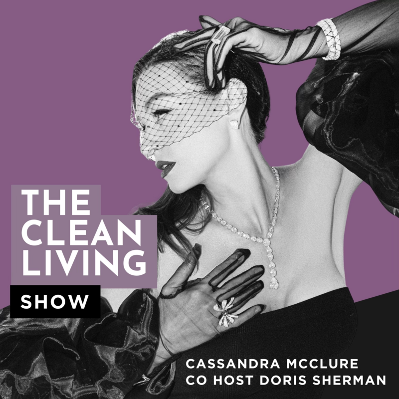 Clean beauty Podcast cover, Cassandra in bath with flower petals and words "Clean Beauty Show"