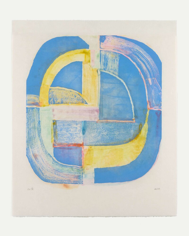 'Spiral Variée: Sky Blue' by Anna Kunz – a monotype with soap ground and sugar lift etching on sekishu paper, measuring 26 x 22 inches.