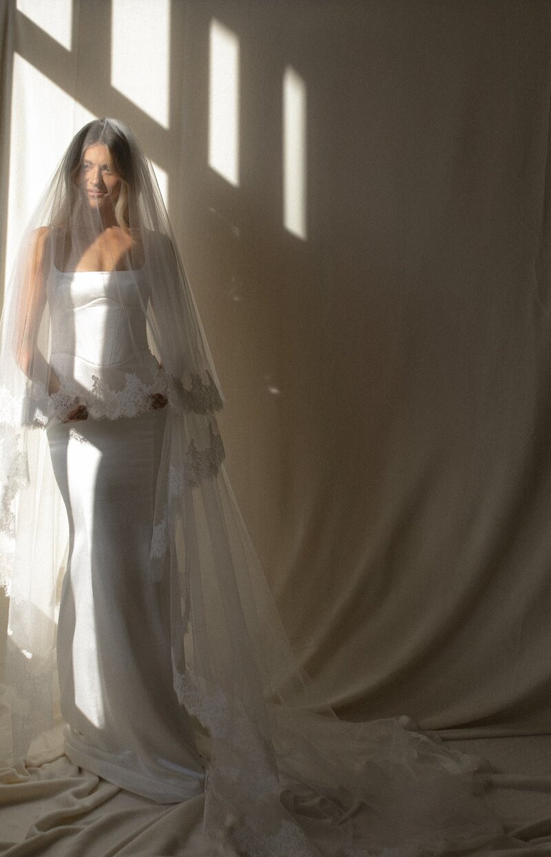 Bride in a fitted gown with lace veil, standing in soft shadows.