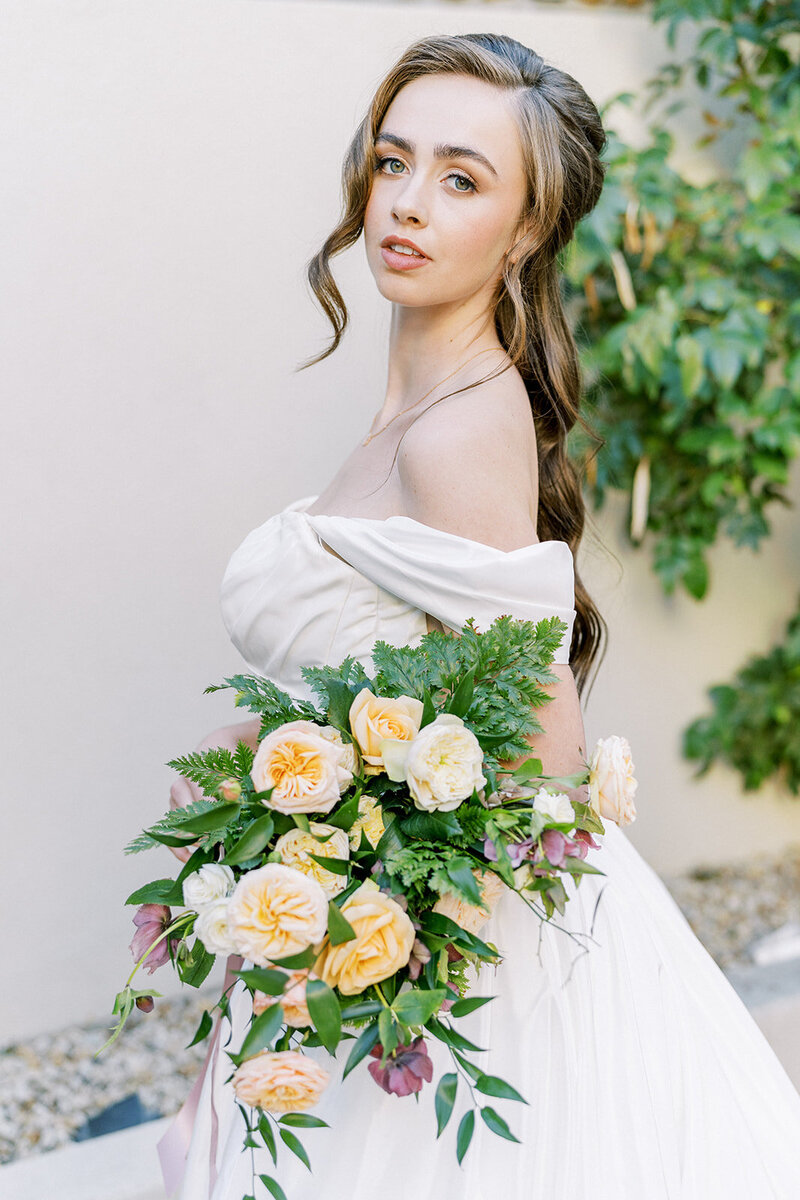 Elegant bridal portrait with her fresh wedding bouquet for her San Luis Obispo wedding