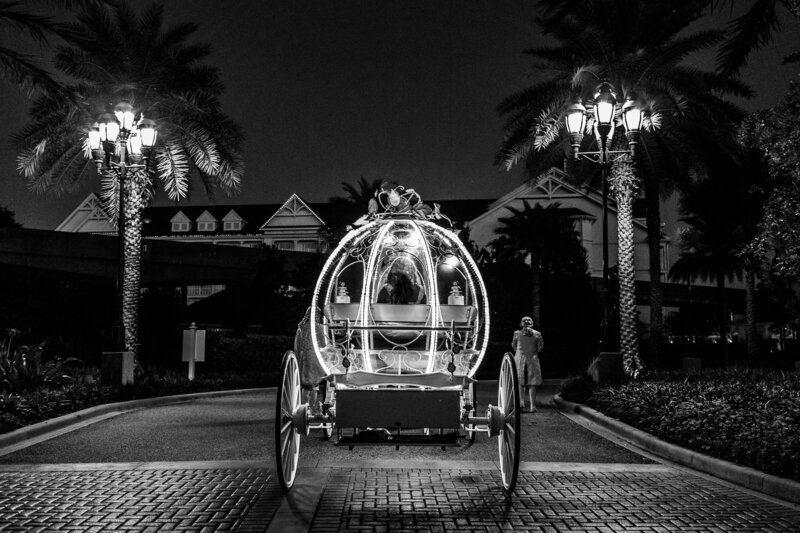 Black and white photo of Cinderella's carriage at Disney wedding
