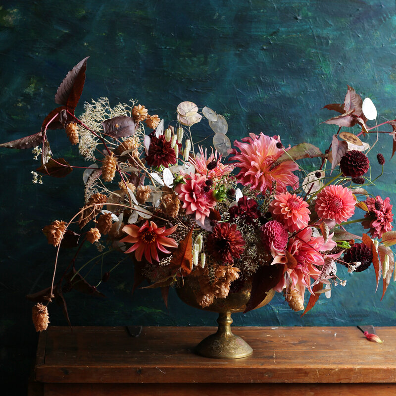 Thanksgiving fall arrangement with dahlias and intricate floral ingredients from the garden - photo by Christin Geall - Fleuris Studio & Blooms