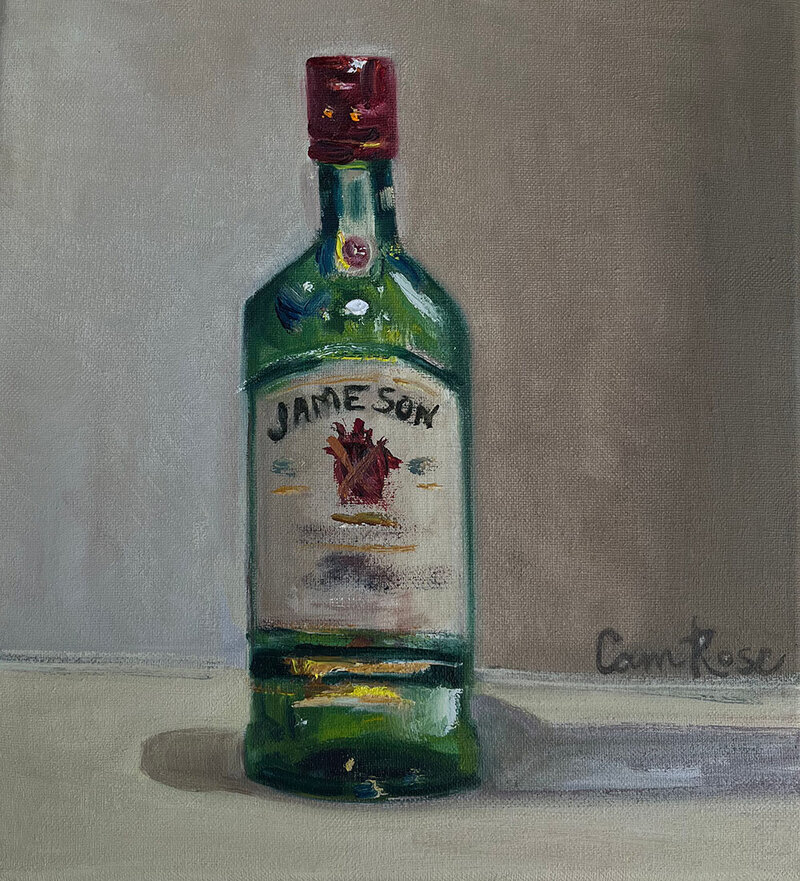 Still life oil painting of glass of whiskey 