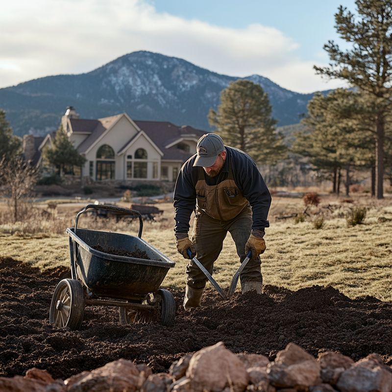 Landscaper installing plants during landscape design project in Western Colorado