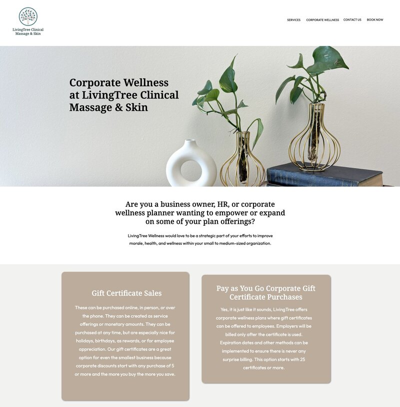 Corporate wellness gift certificate page for LivingTree Clinical Massage & Skin. 