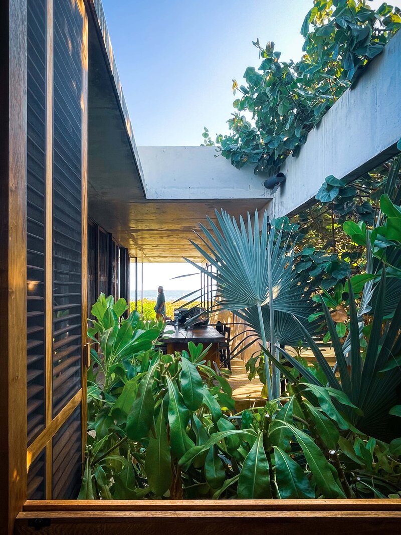 A woman walks across an open air patio in a brutalist inspired beach house in mexico.  There are lush tropical plants filling the front of the frame, warm wood of shutters, then behind her, the glimmer of sun on the ocean , creating a beautiful scene duirng an adventure luxe elopement 