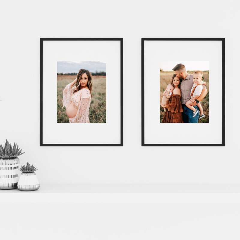 framed maternity photo of pregnant mom in crochet robe over dresser