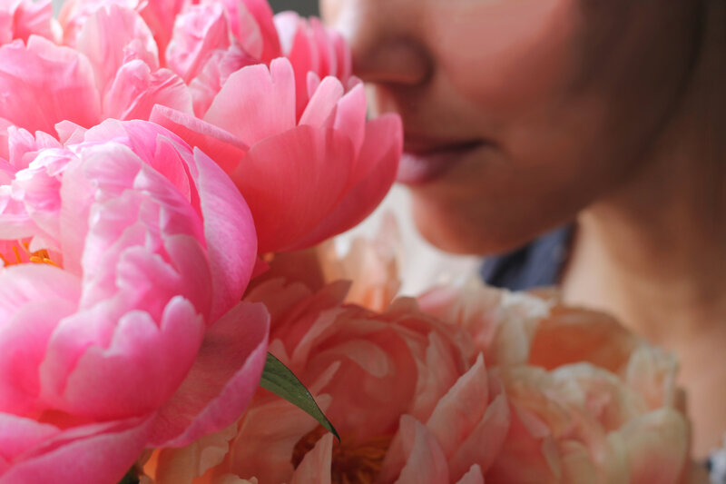 Floral designer sniffing Coral Charm peonies
