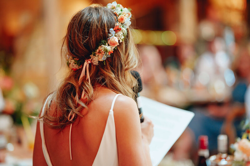 Flower crown of peach and blue flowers