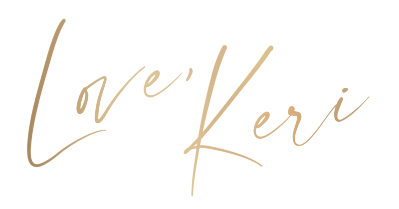 love, keri written in brushed gold script