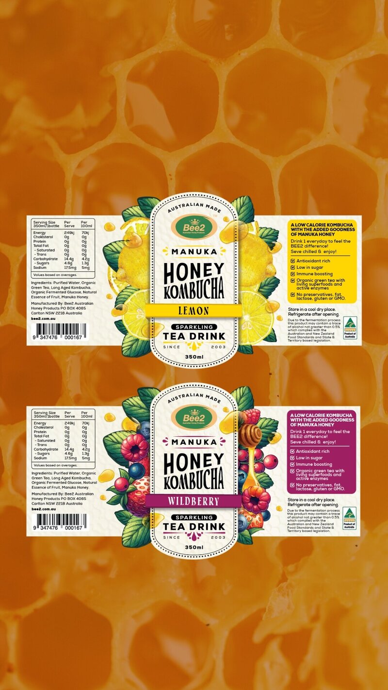 Two vibrant product labels for Manuka Honey Kombucha flavors, including Lemon and Wildberry, displayed against a honeycomb-patterned background. The labels feature colorful illustrations of fruit and honeycombs, emphasizing the natural ingredients.