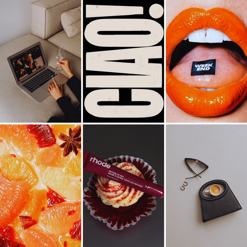 A mood board featuring images of a person working on a laptop, the word "CIAO!" in bold text, a close-up of red lips with a "WEEK END" sticker on the tongue, a plate of sliced citrus fruits, a red velvet cupcake with a lip balm tube, and a pair of earrings and a coffee cup on a black surface.