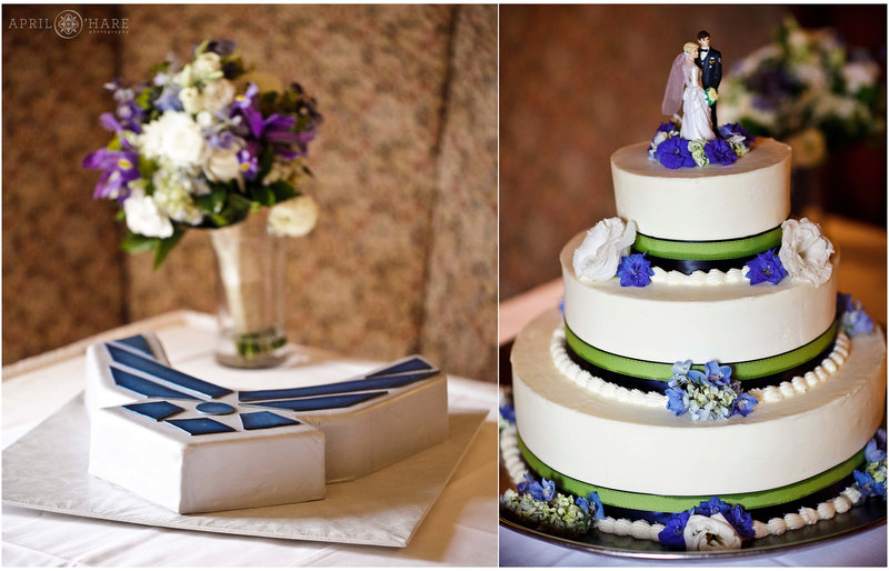 Detail photo of the cake and bride's bouquet in the Upstairs Dining Room at Greenbriar Inn in Boulder CO