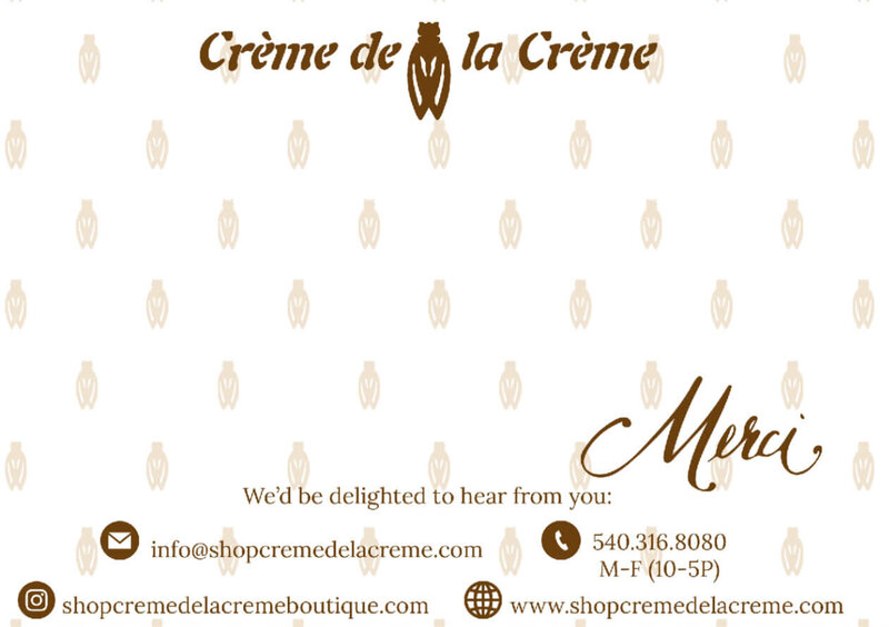 Crème de la Crème contact card with brown text, logo, business hours, email, phone number, website, and social media handles; "Merci" is written in script. Designed by Sweet Pea Ink Creative with a focus on elegant brand design.