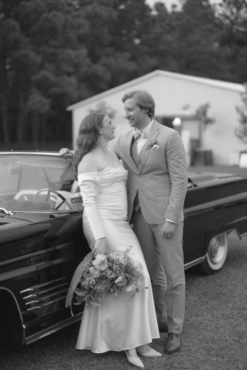 Texas bride and groom portraits in vintage car