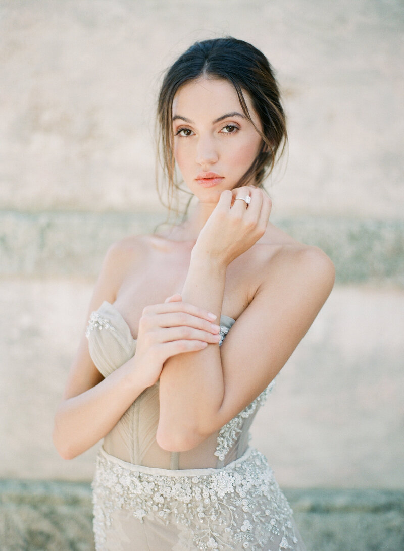 Modern fine art wedding photography of the bride posing for Newport, RI photographer 