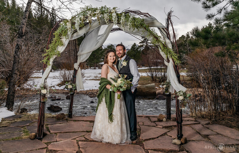 Flagstone Patio with Wedding Arch at Romantic Riversong Inn Estes Park CO