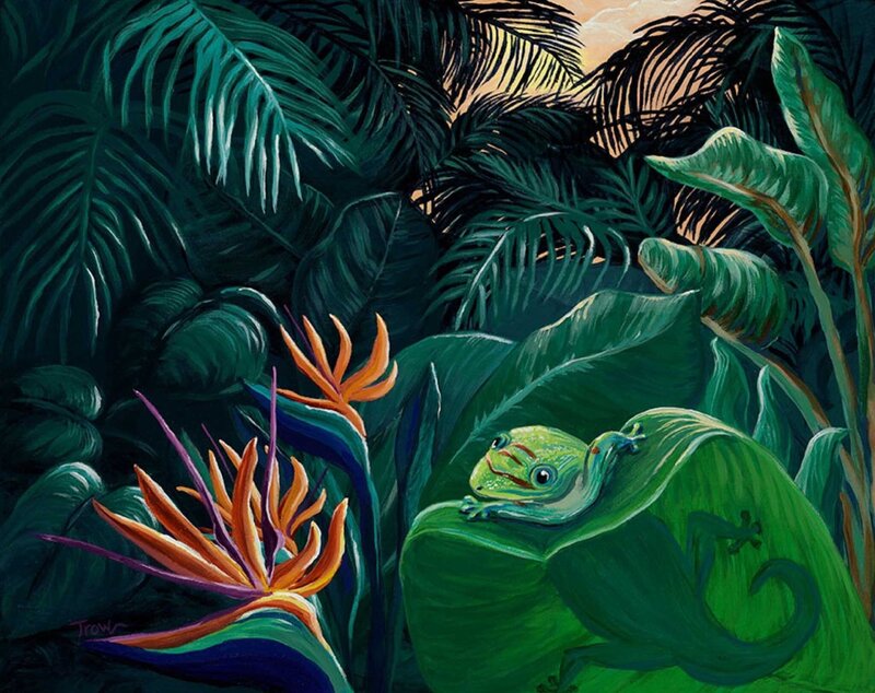 A green gecko peeks over a large leaf next to birds of paradise flowers in an acrylic painting jungle scene
