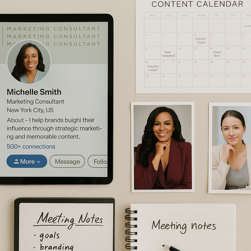 Mockup of designed LinkedIn and Instagram profiles, content previews, and strategy visuals.