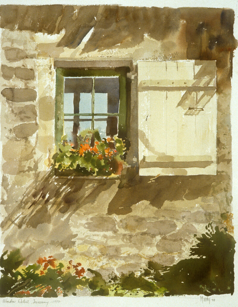 Watercolor painting of a green window with a window box