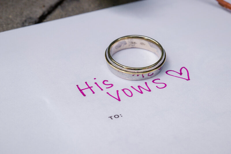 Detailed shot of a wedding ring resting on vows, capturing the essence of a meaningful elopement.