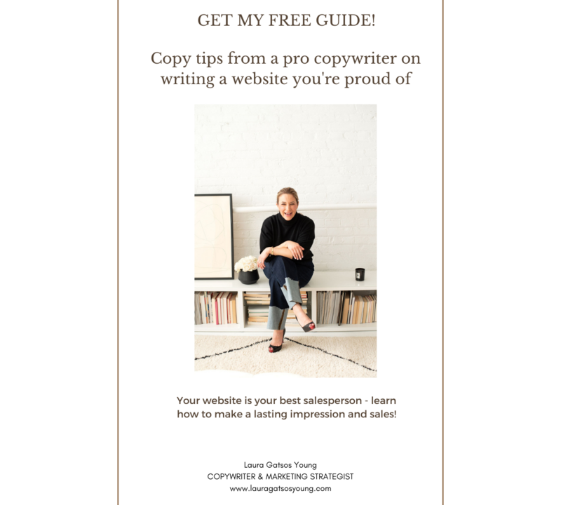 Front cover of Laura Gatsos Young's Website Copywriting Guide PDF with a smiling woman