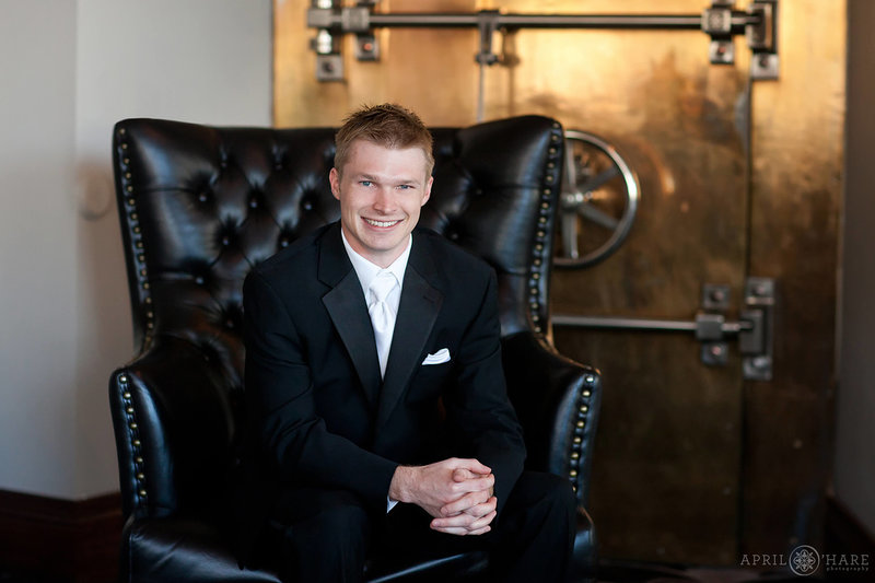 Groom Portrait in front of the Vault at Mining Exchange Hotel Wedding