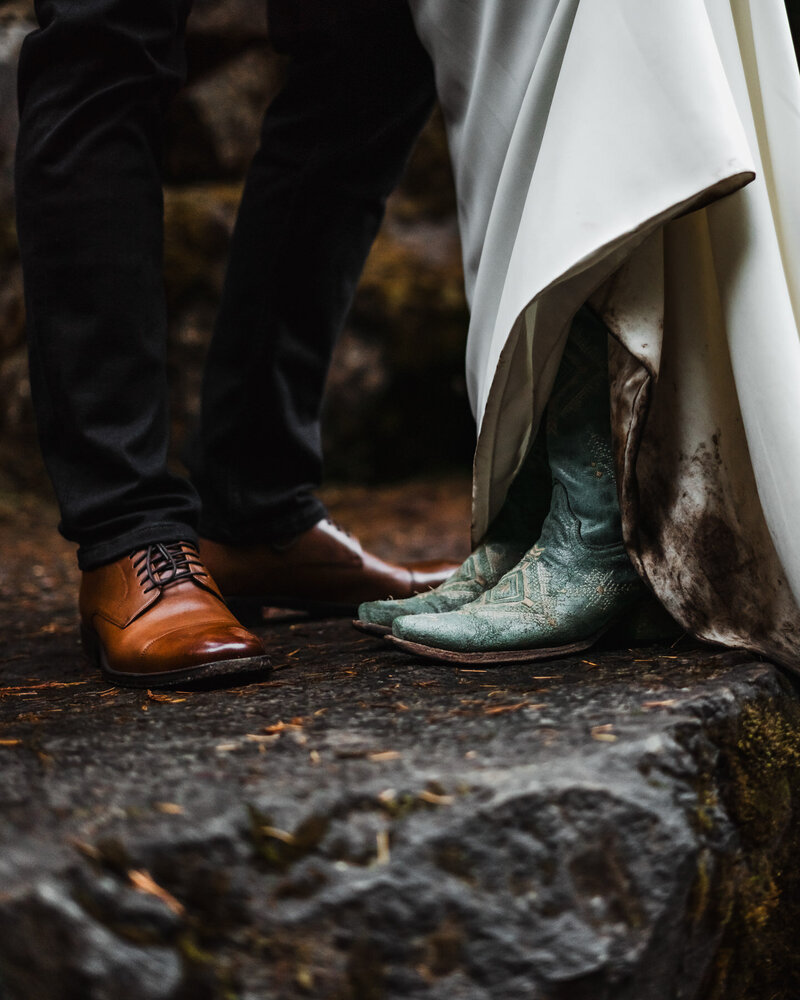 for her Washington elopement, a bride wears turquoise cowboy boots with her wedding dress