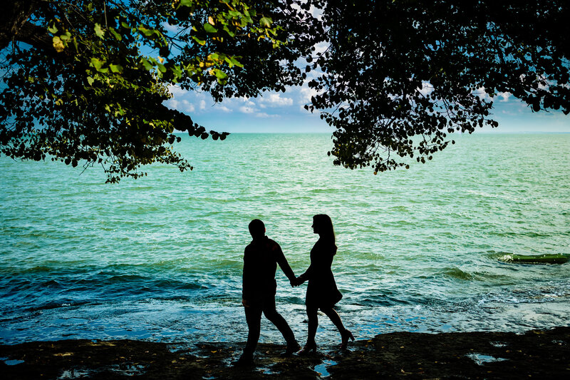 A silhouette of a wedding couple walking in front of Lake Erie with trees above 
