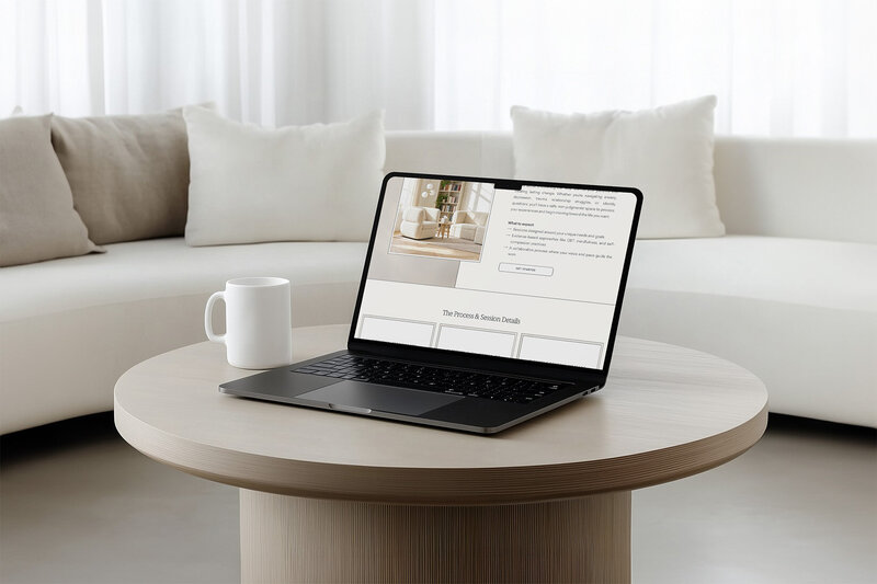 A laptop on a table in a cozy living room, showcasing a virtual therapist branding website design.