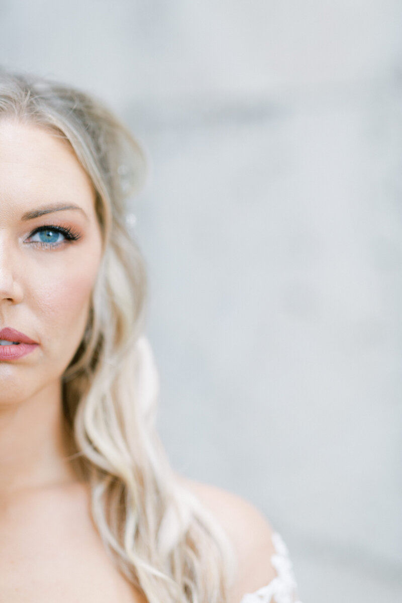Blonde bride looking at camera