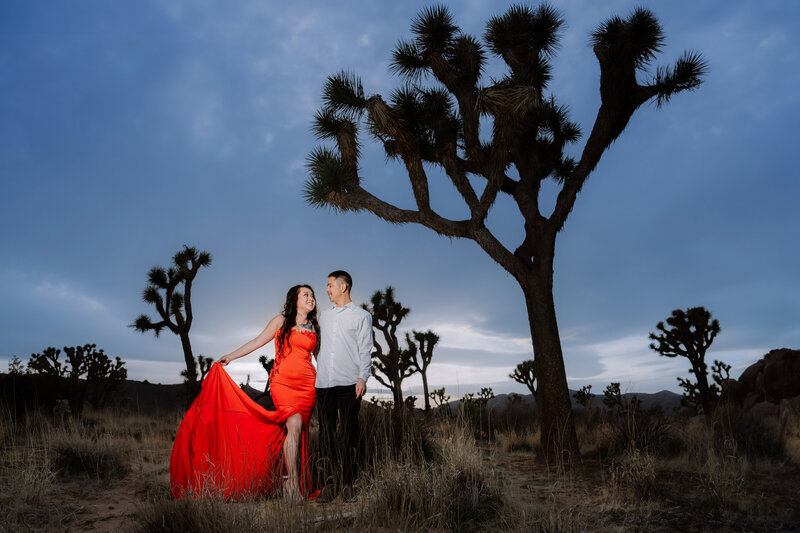 Joshua Tree Elopement with Asian couple during sunset blue hour at Cap Rock with flowy red dress.