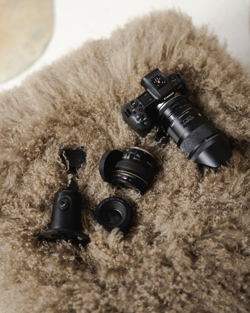 Professional camera and multiple lens' laying in a furry piece of furniture. 