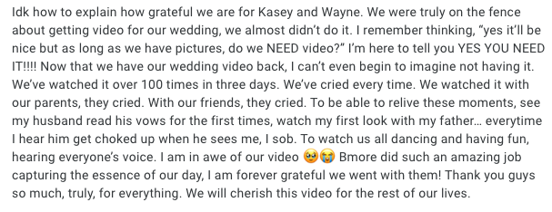 Client review describing our video services