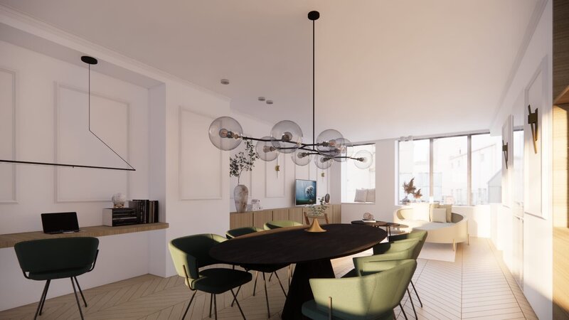 Interieurontwerp appartement met houten accenten, vissengraatparket sierlijsten, moulures en wandverlichtig met gouden en houten accenten. Japandi stijl en Parijse vibes