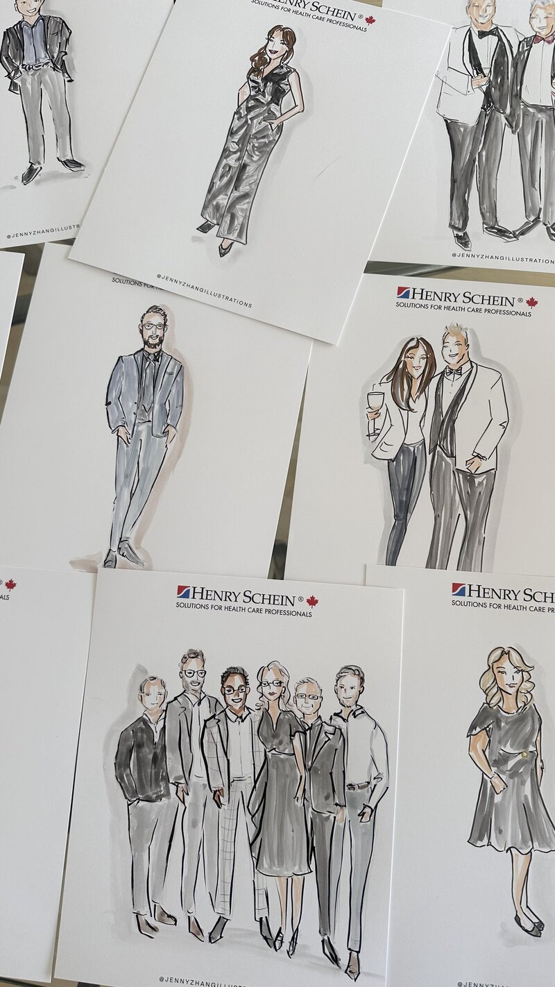 Custom live sketches of event guests by Toronto illustrator Jenny Zhang for Henry Schein corporate event.