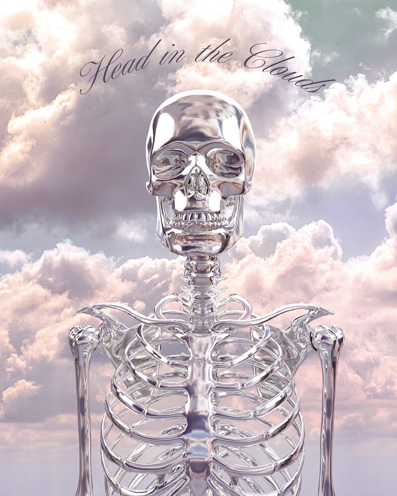 3D designed chrome skeleton with pastel colors and cloud-filled sky background