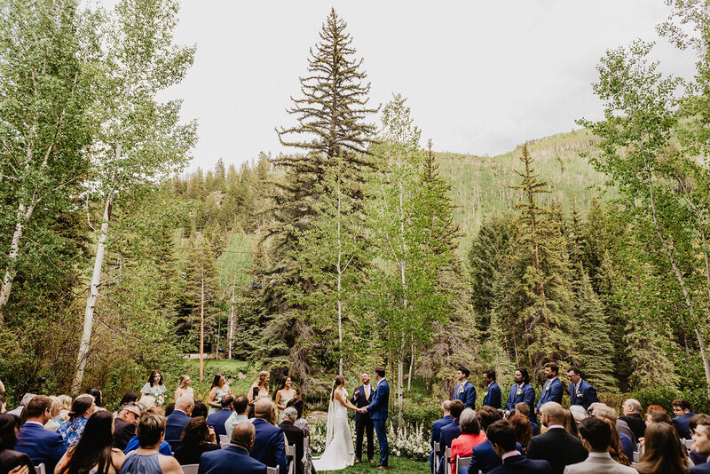 bride and groom embracing in large field with mountains in the background