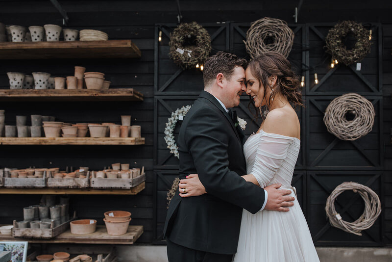 A couple standing close with their foreheads together