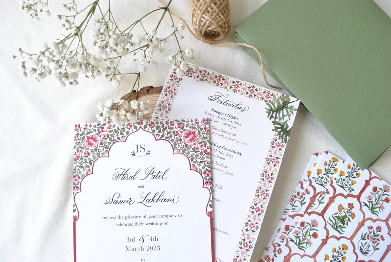 jaipur theme wedding invitation in green and rust
