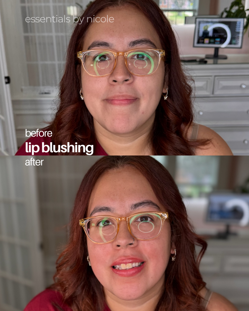 Lip blush treatment correcting melanin-rich lips, shifting tone from brown to soft pink while maintaining a natural, even color.