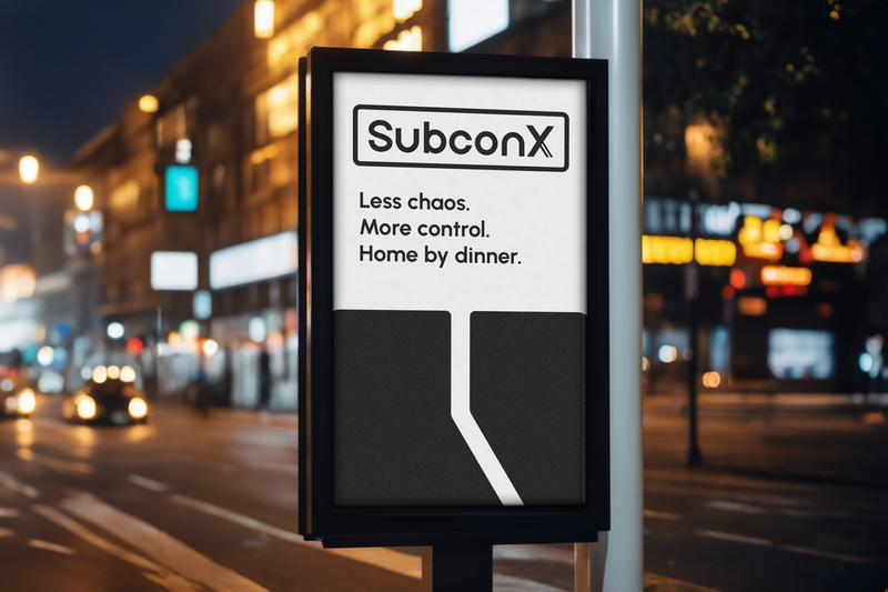Billboard mockup featuring SubconX logo and tagline on a city street at night