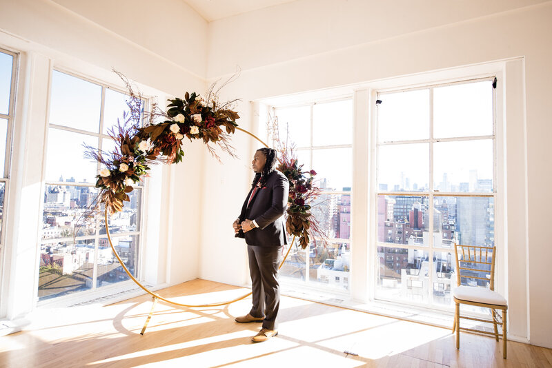 Groom's snazzy fall look for his intimate micro wedding at Ramscale