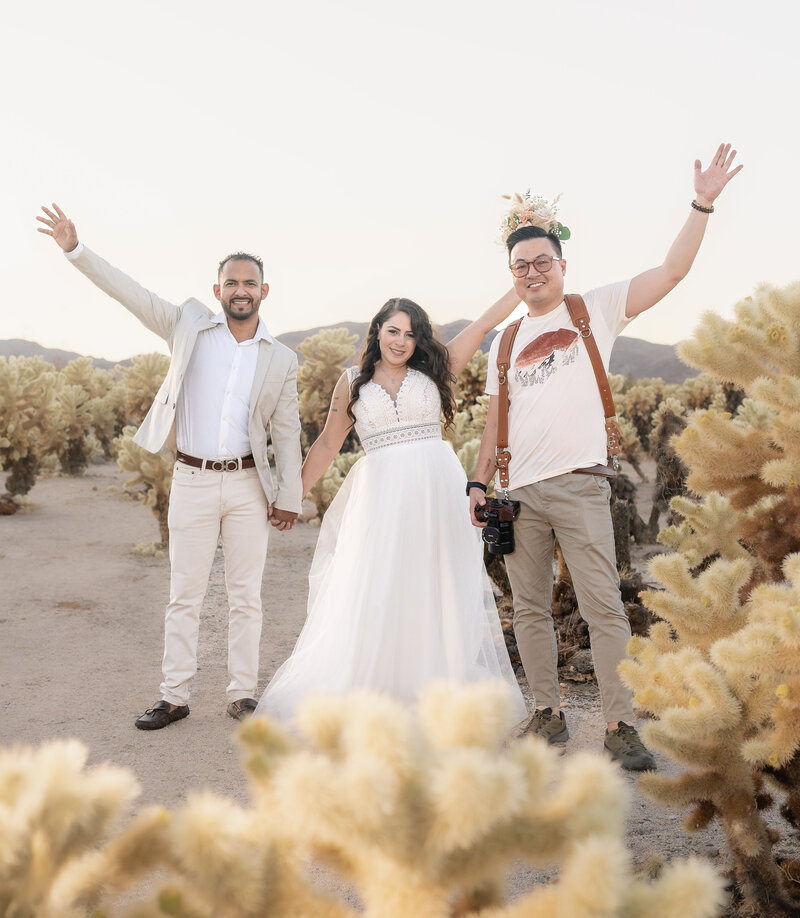 Peter 3 Photography, a Joshua Tree and Yosemite Elopement Photographer and adventurous intimate wedding photographer at Cholla Cactus Garden with bride and groom at Cholla Cactus Garden during sunset.