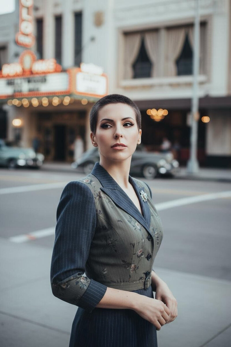 Jasmina Kimova in a tailored vintage dress standing in front of a historic Los Angeles theater, styled in Old Hollywood fashion for a cinematic brand photoshoot.