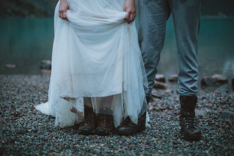 muddy hiking boots elopement photography in Kananaskis, Alberta