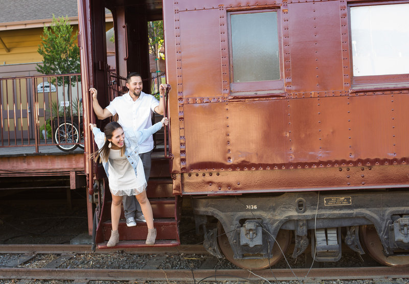 engagement shoot on a train