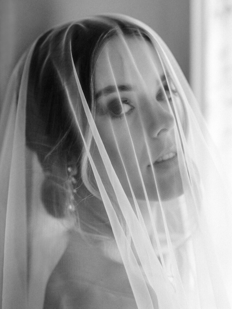 black and white bridal portrait with veil