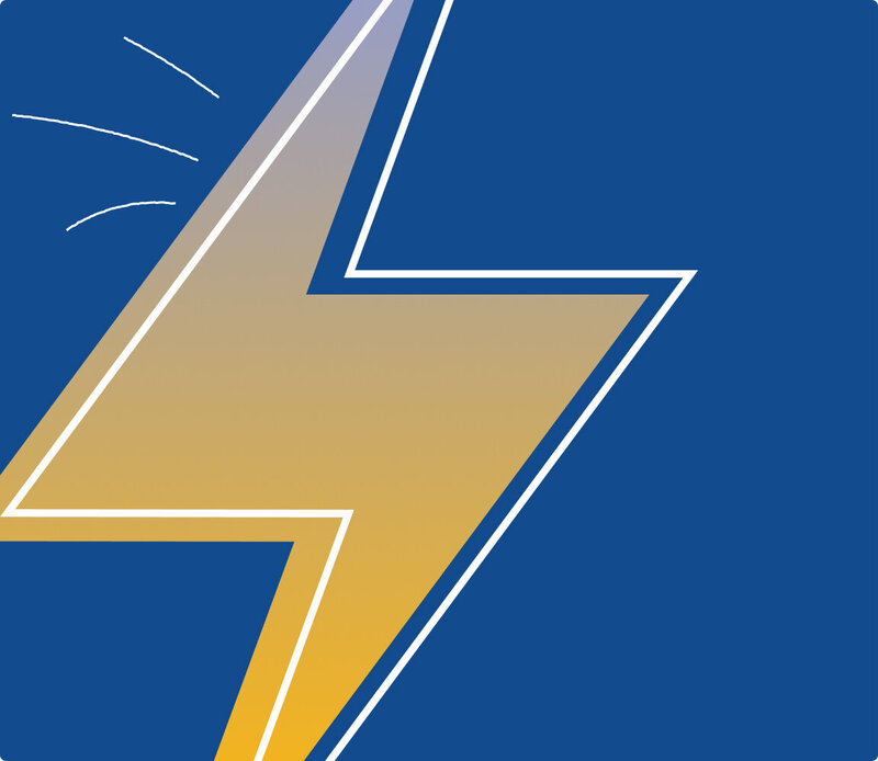 Large icon of a blue-yellow lighting bolt on a blue background.