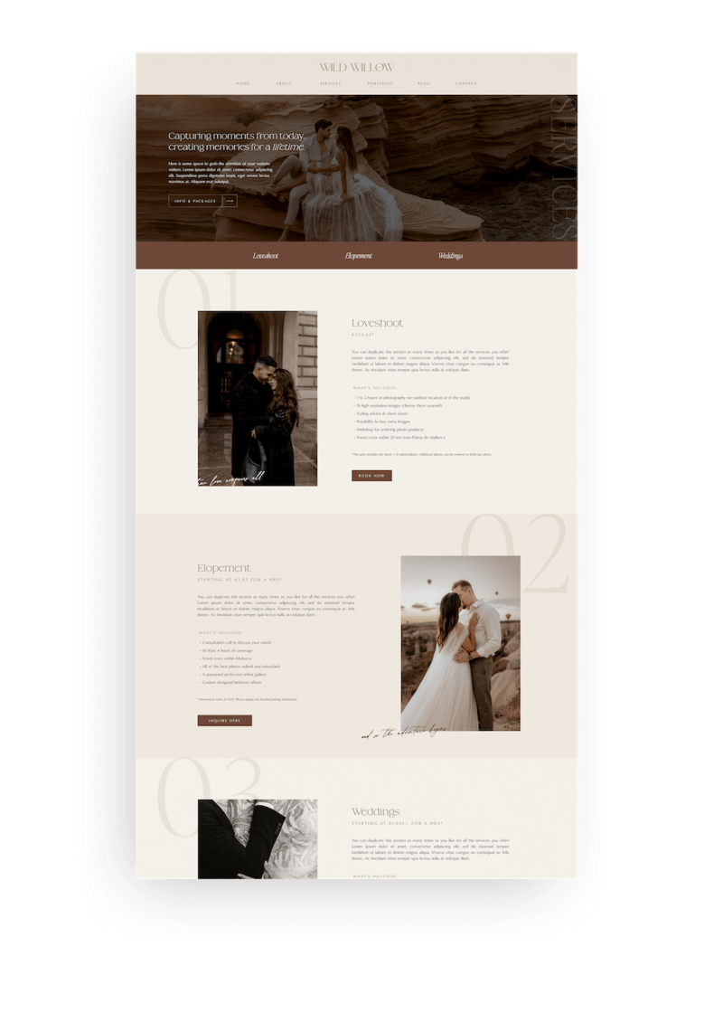 Editorial Showit website template for wedding photographer